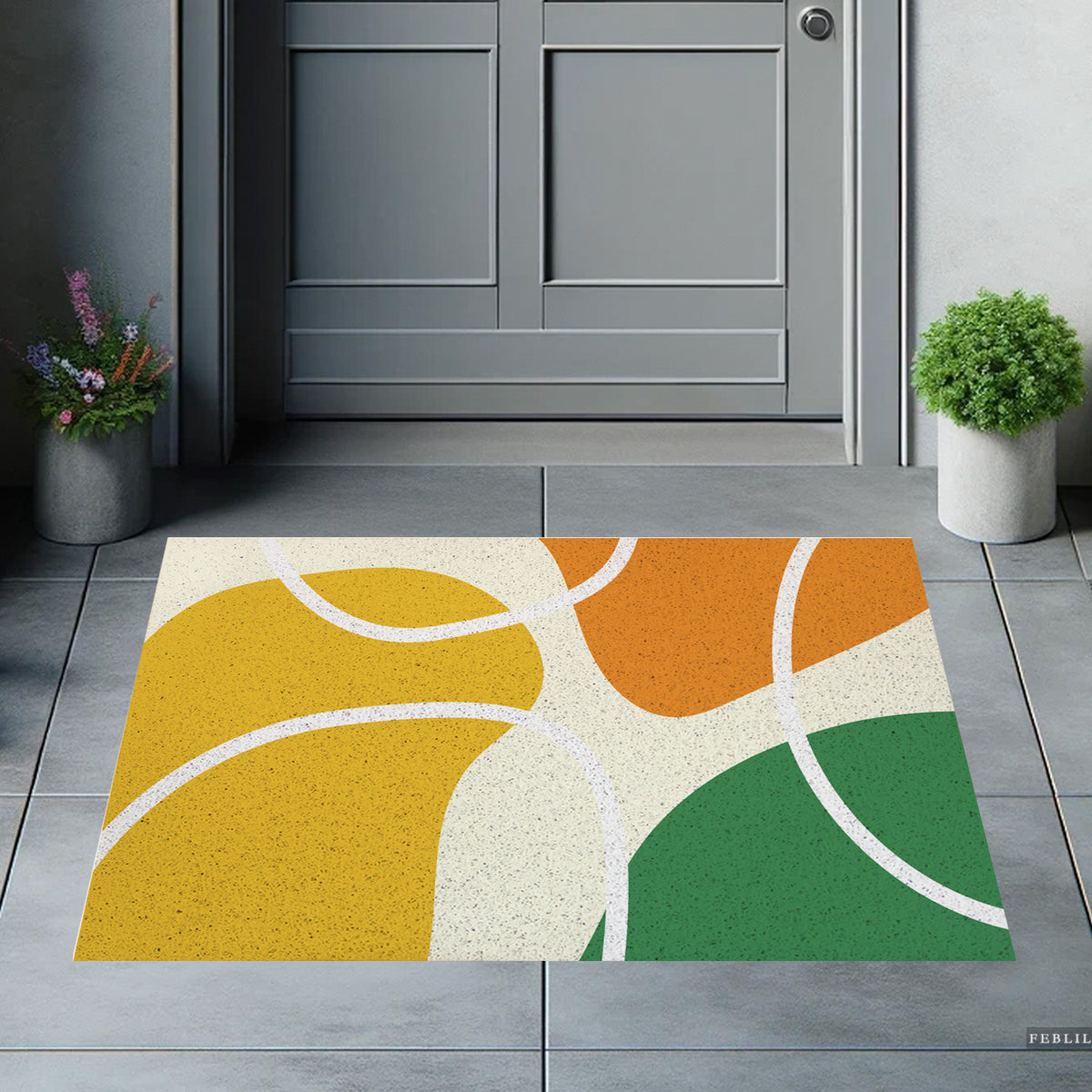 Feblilac Red Yellow Green Abstract Curves PVC coil door mat on a paved patio by the entrance