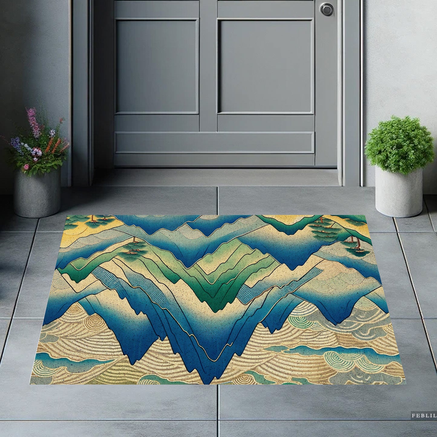 Feblilac PVC Japanese Mountains Welcome Mats for Front Door