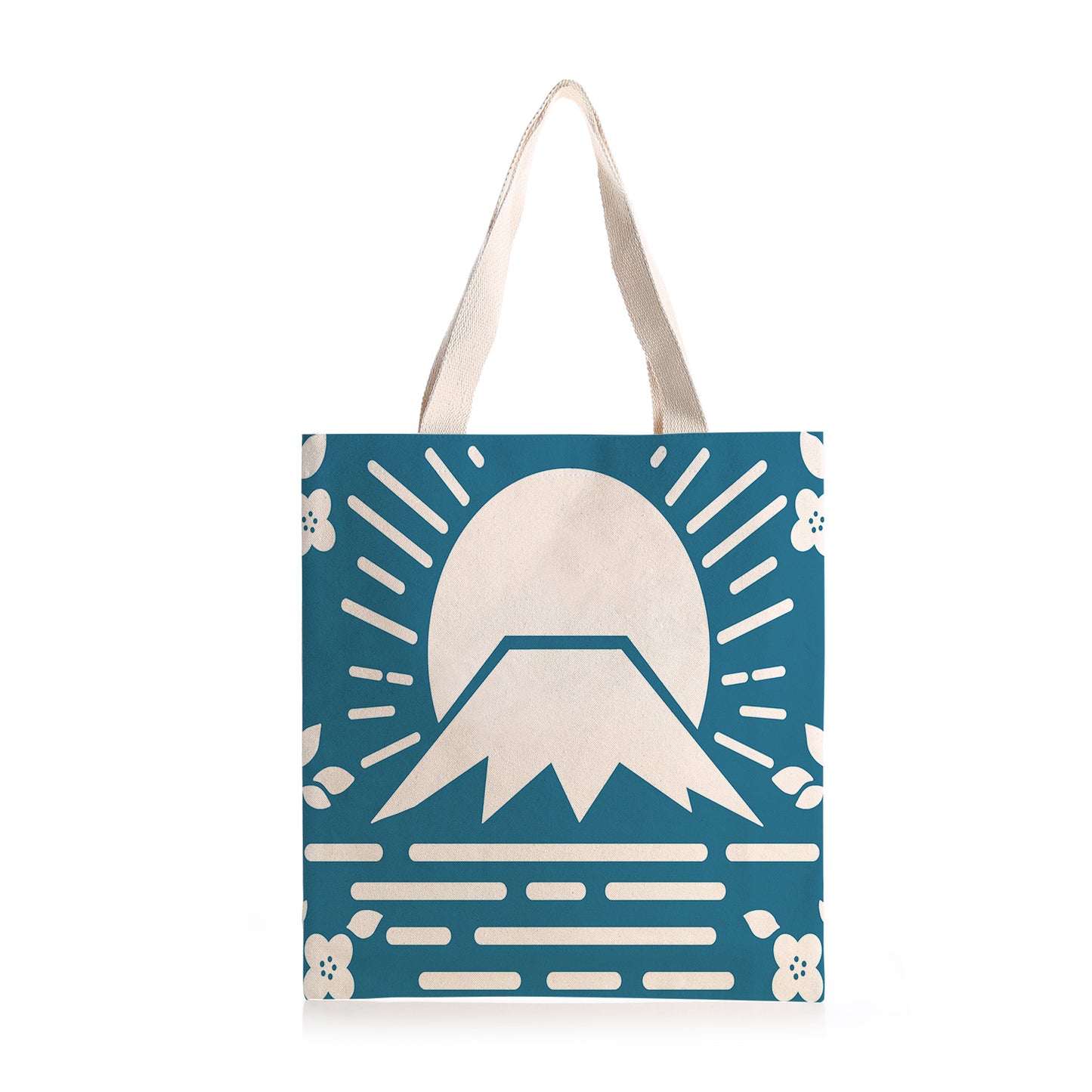 Feblilac Simple Blue Background Mt. Fuji Cherry Blossoms Canvas Tote Bag