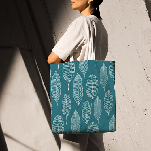 Feblilac White Leaves Green Background Canvas Tote Bag
