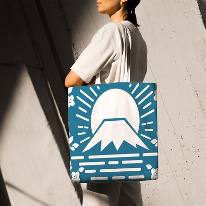 Feblilac Simple Blue Background Mt. Fuji Cherry Blossoms Canvas Tote Bag