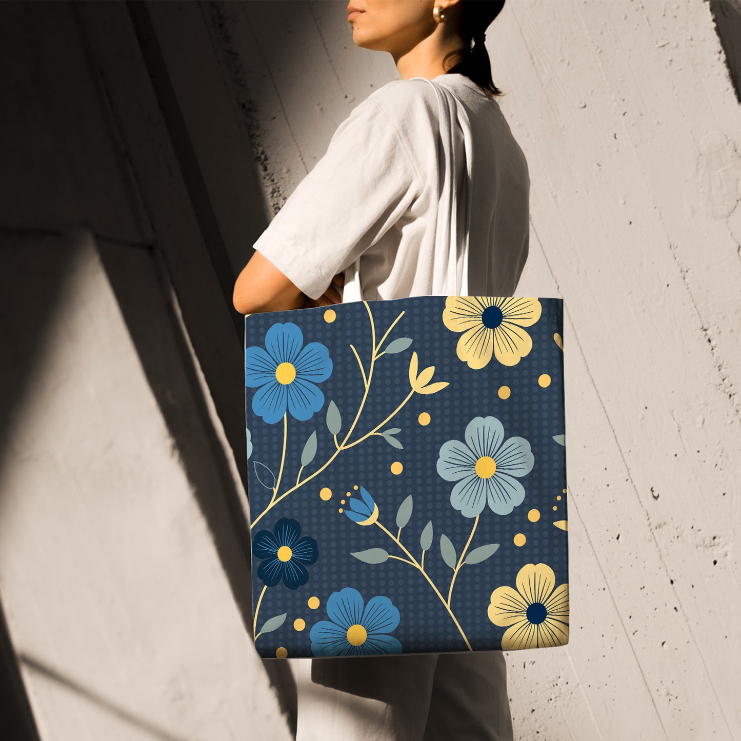 Feblilac Japanese Blue and Gold Flowers Canvas Tote Bag