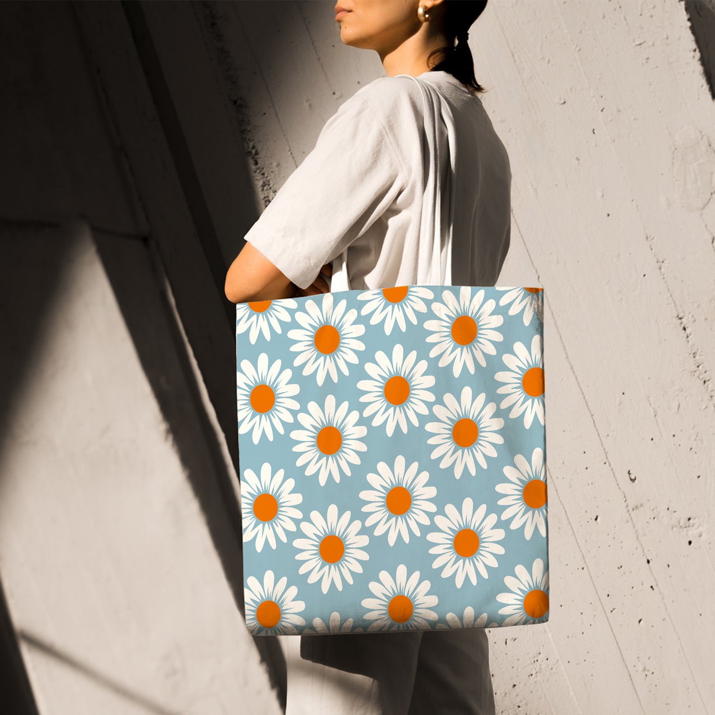 Feblilac White Daisy Pattern Canvas Tote Bag