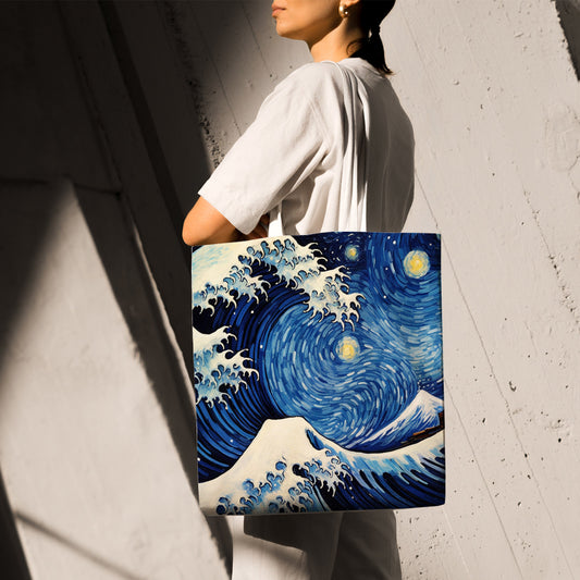 Feblilac Ukiyoe Sea Waves Starry Sky Canvas Tote Bag