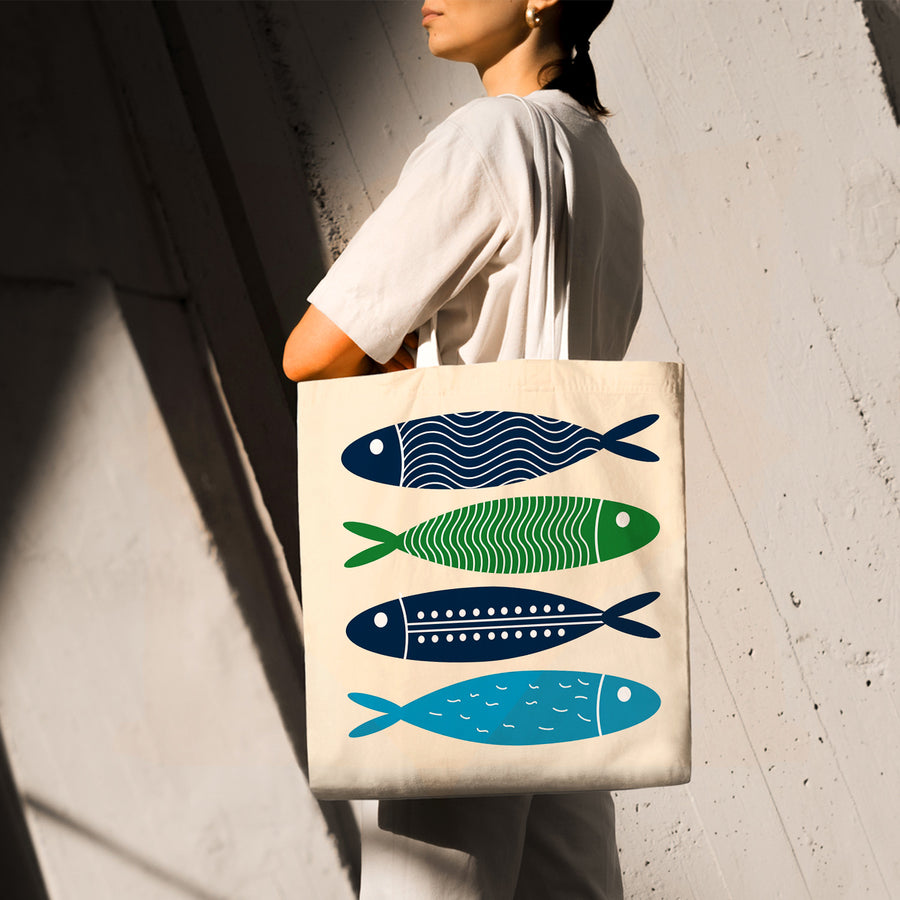 Feblilac Blue Simple Fish Canvas Tote Bag