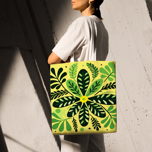 Feblilac Yellow Background Green Leaves Canvas Tote Bag
