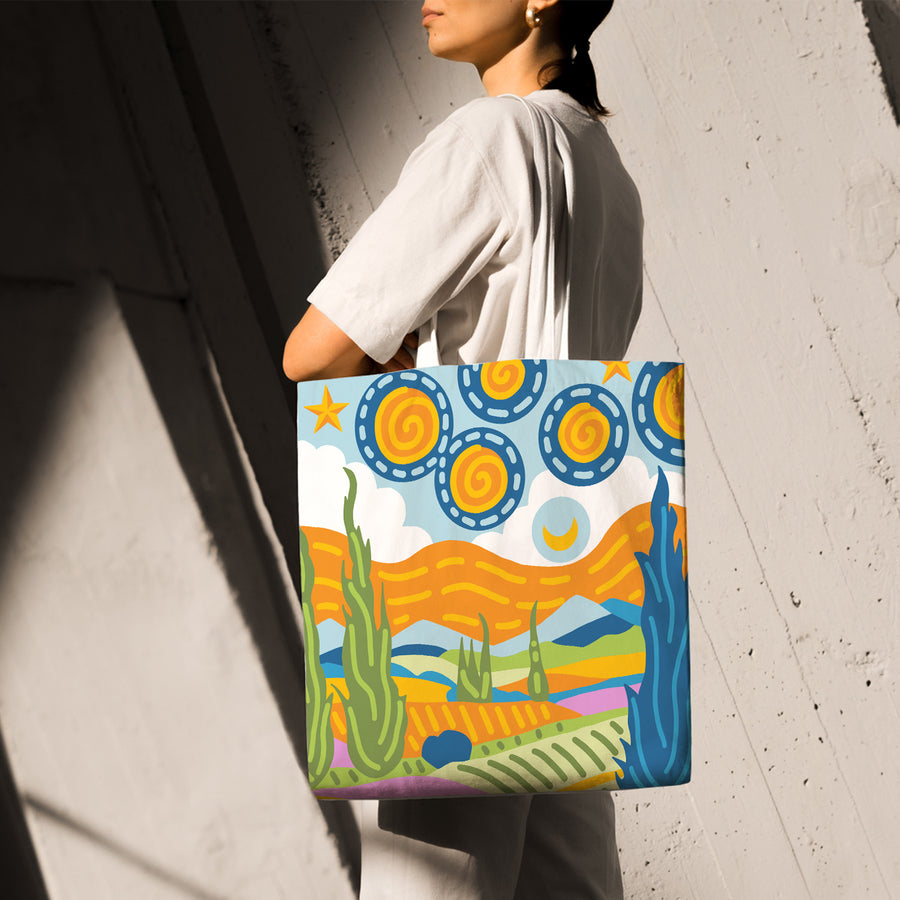 Feblilac Van Gogh Wheat Field Starry Sky Canvas Tote Bag