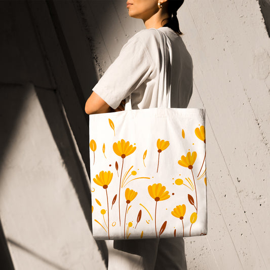 Feblilac Hand Painted Flowers Leaves Orange Yellow Canvas Tote Bag