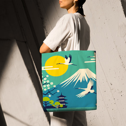 Feblilac Mount Fuji Crane Canvas Tote Bag