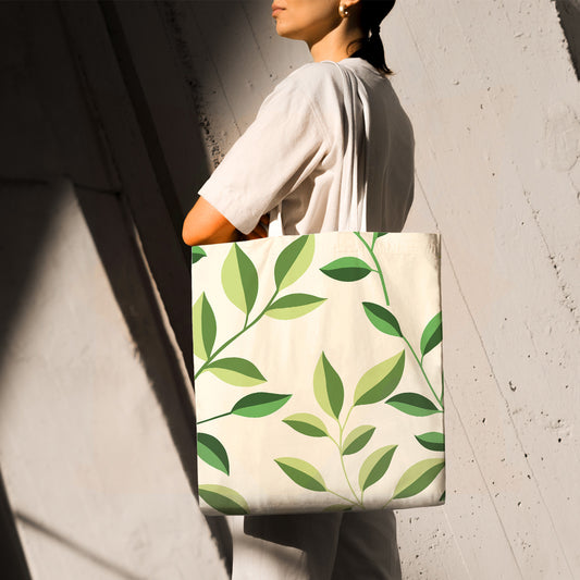 Feblilac Small Leaves Green Beige Background Canvas Tote Bag