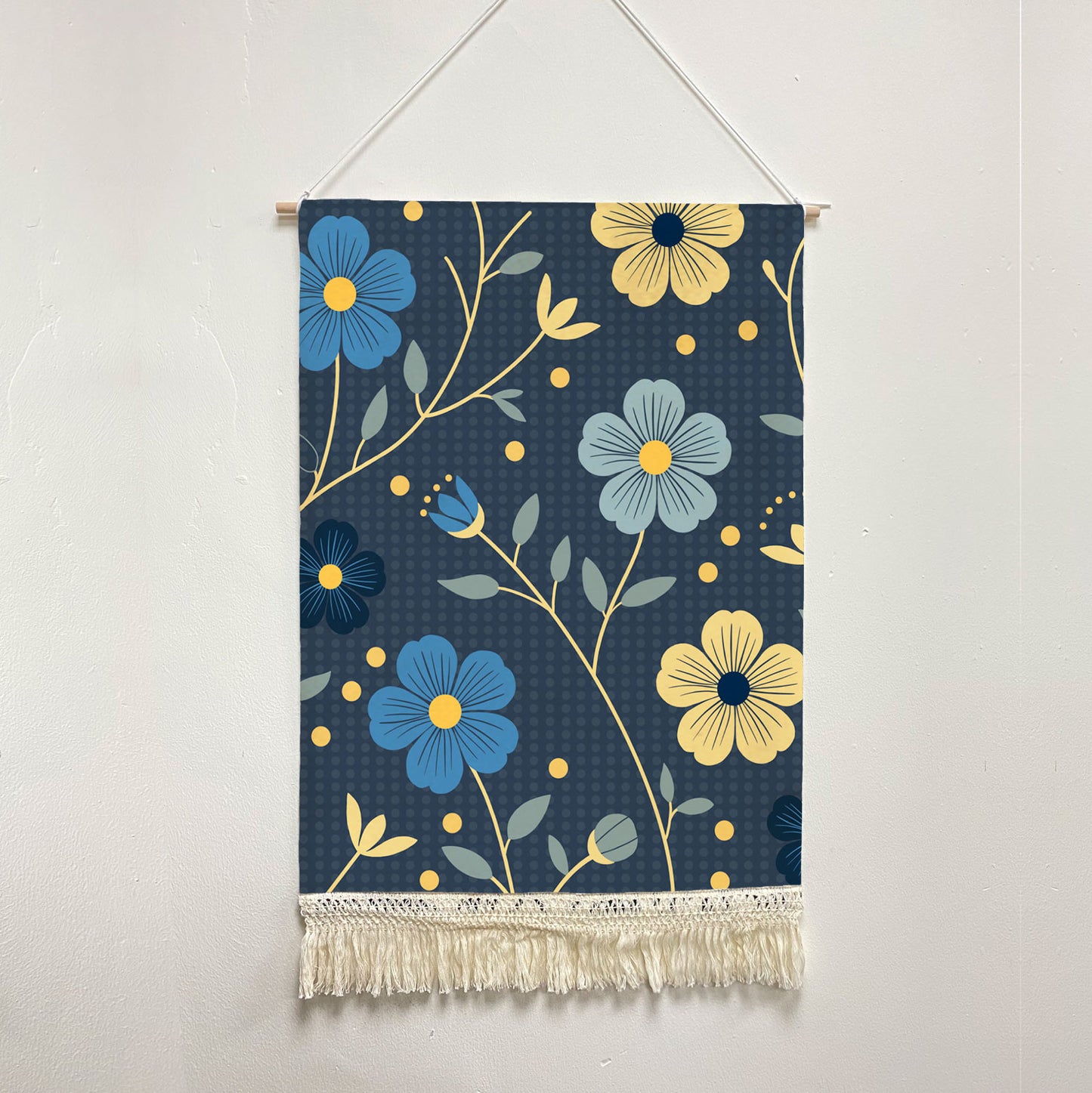 Feblilac Japanese Blue and Gold Flowers Handmade Macrame Hanging Wall Decor Art