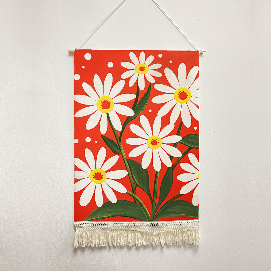 Feblilac Daisy Red Background Handmade Macrame Hanging Wall Decor Art - view 2