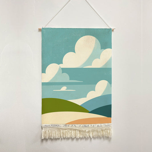 Feblilac Big Blue Sky and White Clouds Handmade Macrame Hanging Wall Decor Art