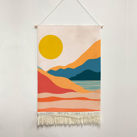 Feblilac Red Orange Blue Lake Sunset Handmade Macrame Hanging Wall Decor Art
