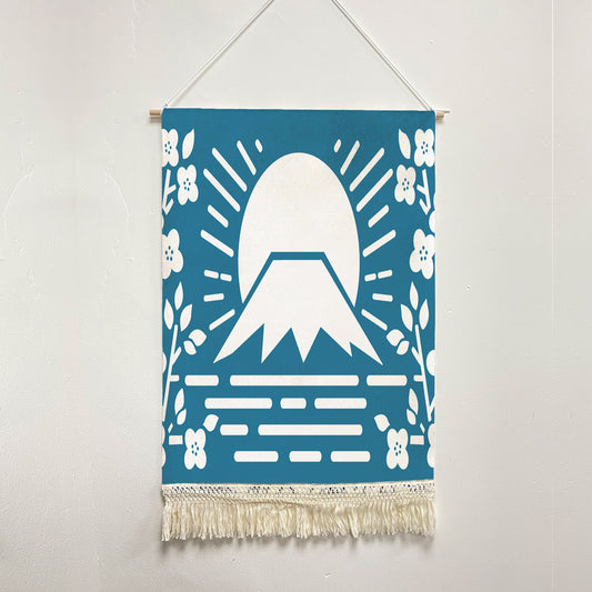 Feblilac Simple Blue Background Mt. Fuji Cherry Blossoms Handmade Macrame Hanging Wall Decor Art