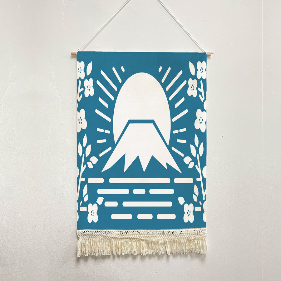 Feblilac Simple Blue Background Mt. Fuji Cherry Blossoms Handmade Macrame Hanging Wall Decor Art