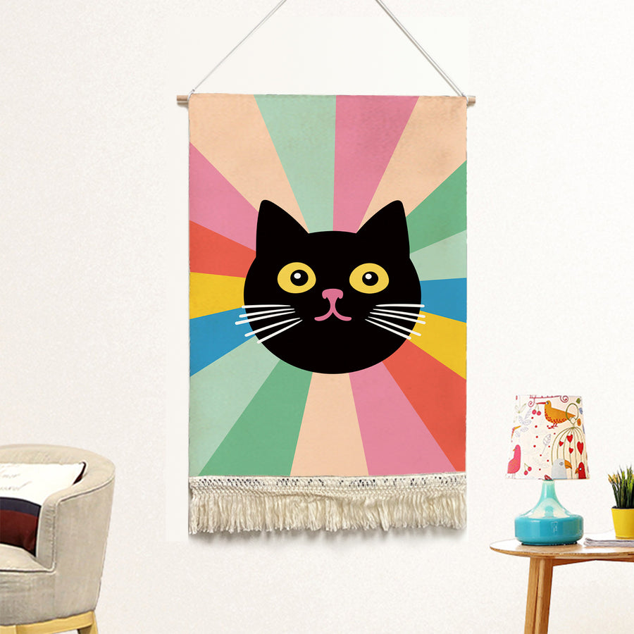 Feblilac Black Cat Colorful Stripes Handmade Macrame Hanging Wall Decor Art