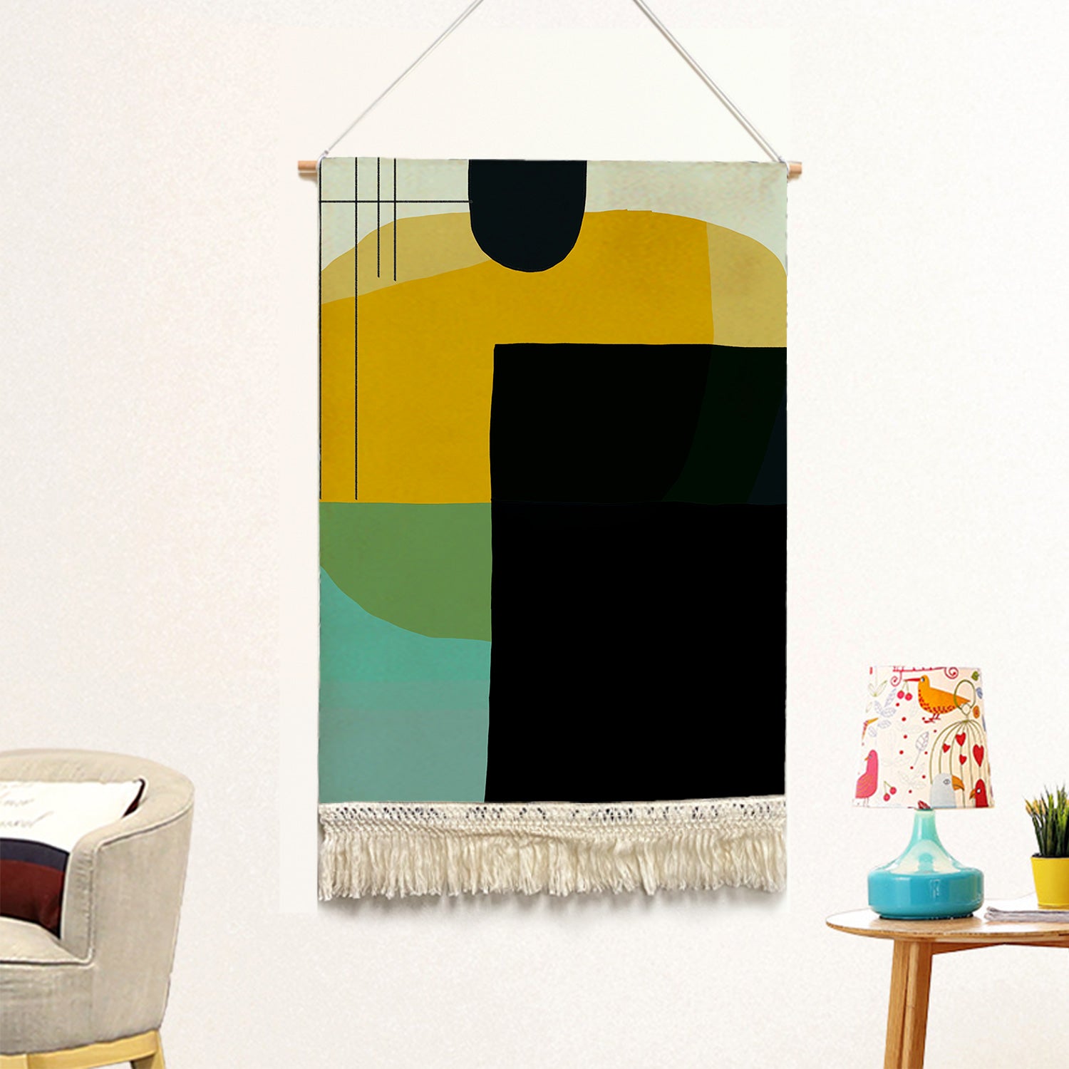 Feblilac Green Black Yellow Modern Abstract Handmade Macrame Hanging Wall Decor Art - view 2