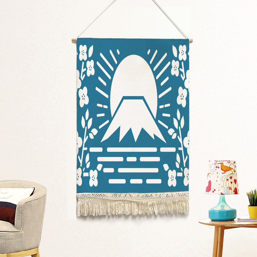 Feblilac Simple Blue Background Mt. Fuji Cherry Blossoms Handmade Macrame Hanging Wall Decor Art - view 2