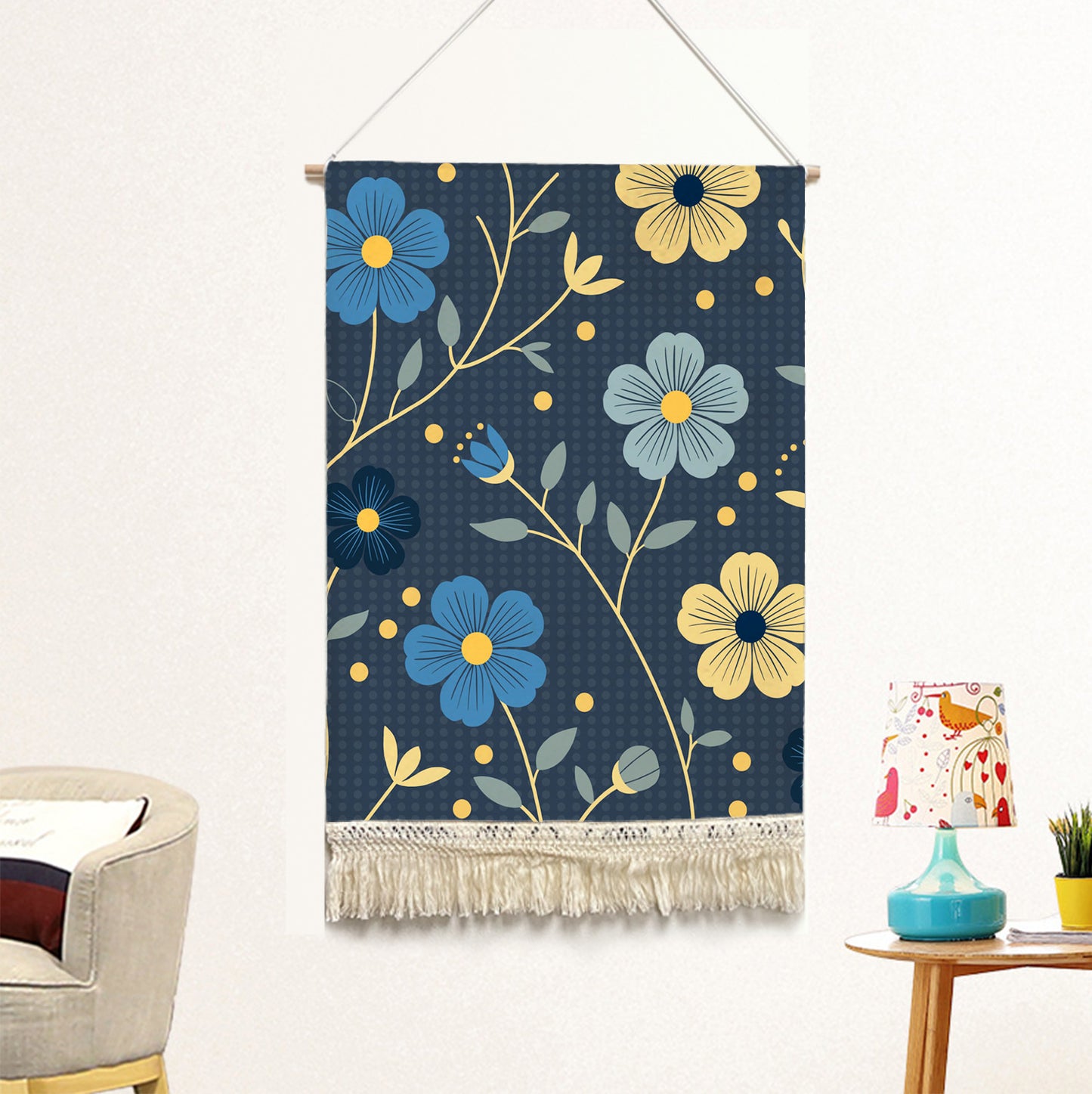 Feblilac Japanese Blue and Gold Flowers Handmade Macrame Hanging Wall Decor Art