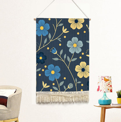 Feblilac Japanese Blue and Gold Flowers Handmade Macrame Hanging Wall Decor Art