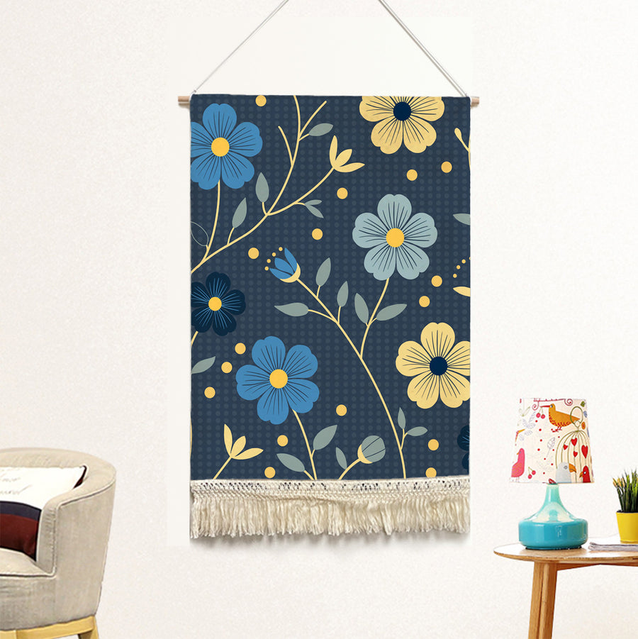 Feblilac Japanese Blue and Gold Flowers Handmade Macrame Hanging Wall Decor Art - view 2