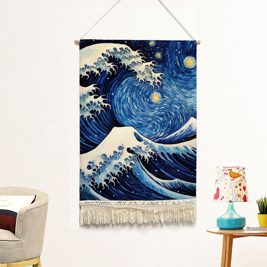 Feblilac Ukiyoe Sea Waves Starry Sky Handmade Macrame Hanging Wall Decor Art