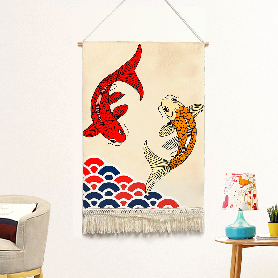 Feblilac Two Koi Carps Handmade Macrame Hanging Wall Decor Art