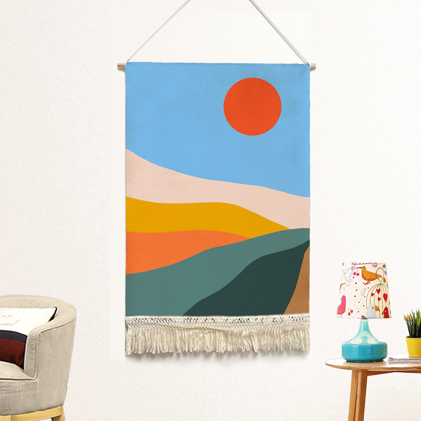 Feblilac Colorful Mountains Sunrise Handmade Macrame Hanging Wall Decor Art