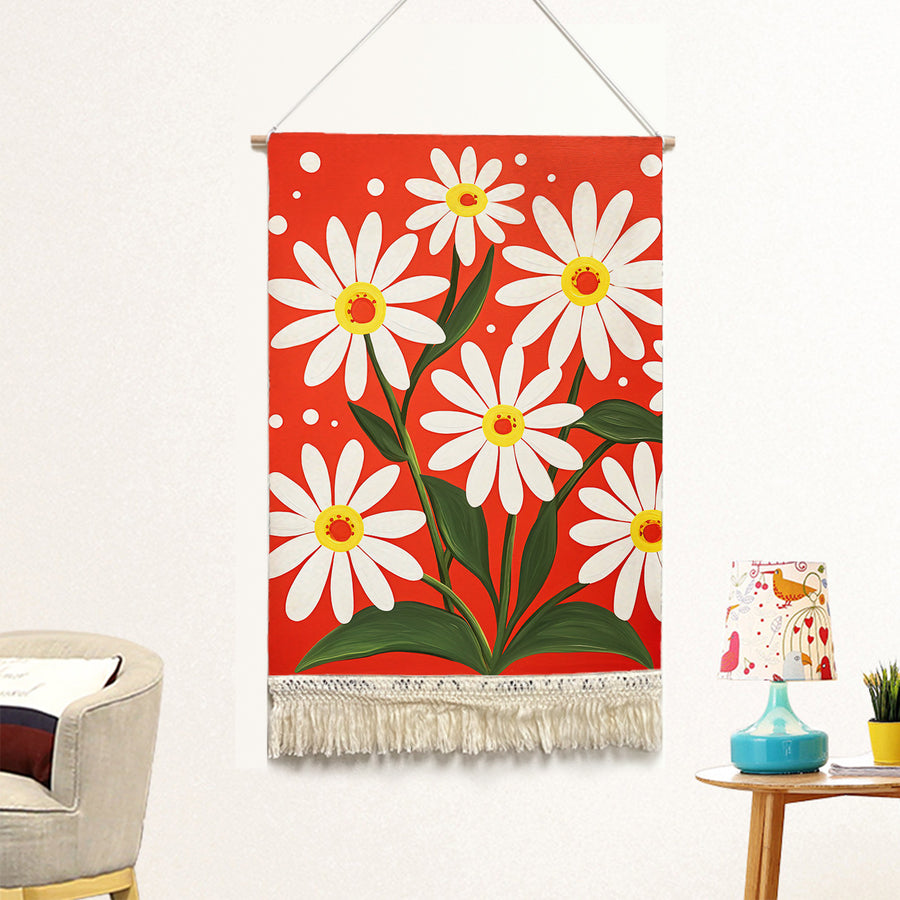 Feblilac Daisy Red Background Handmade Macrame Hanging Wall Decor Art