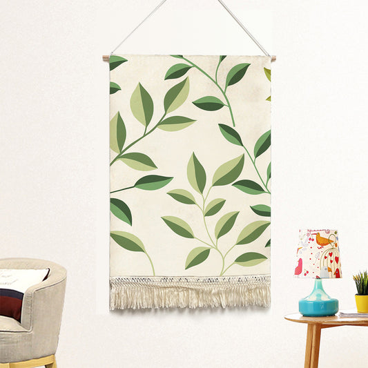 Feblilac Small Leaves Green Beige Background Handmade Macrame Hanging Wall Decor Art