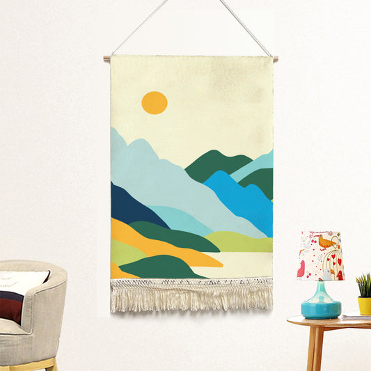 Feblilac Green Orange Mountains Sun Handmade Macrame Hanging Wall Decor Art