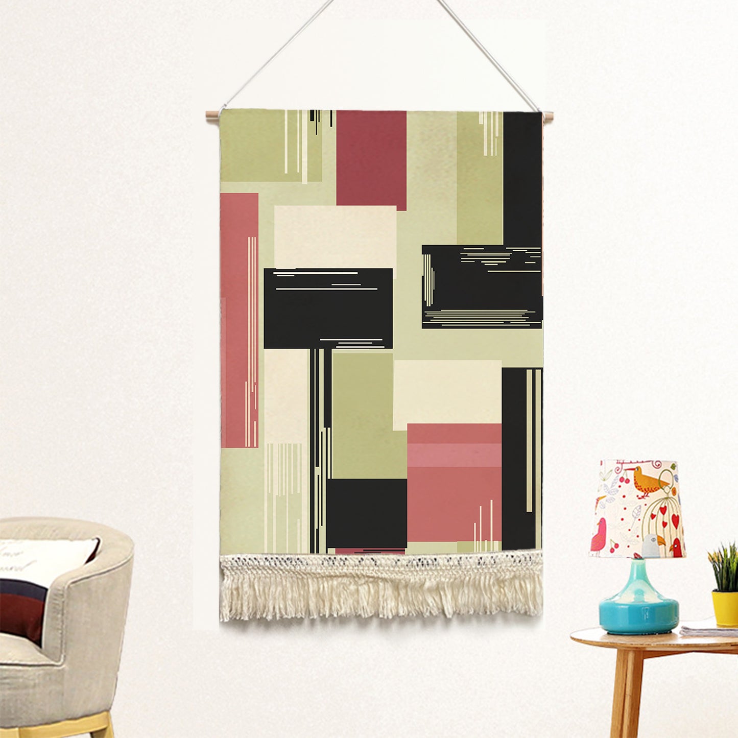 Feblilac Colorful Abstract Blocks Handmade Macrame Hanging Wall Decor Art