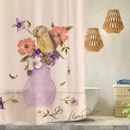 Feblilac Purple Vase Flower and Bird Shower Curtain by Stacie from US