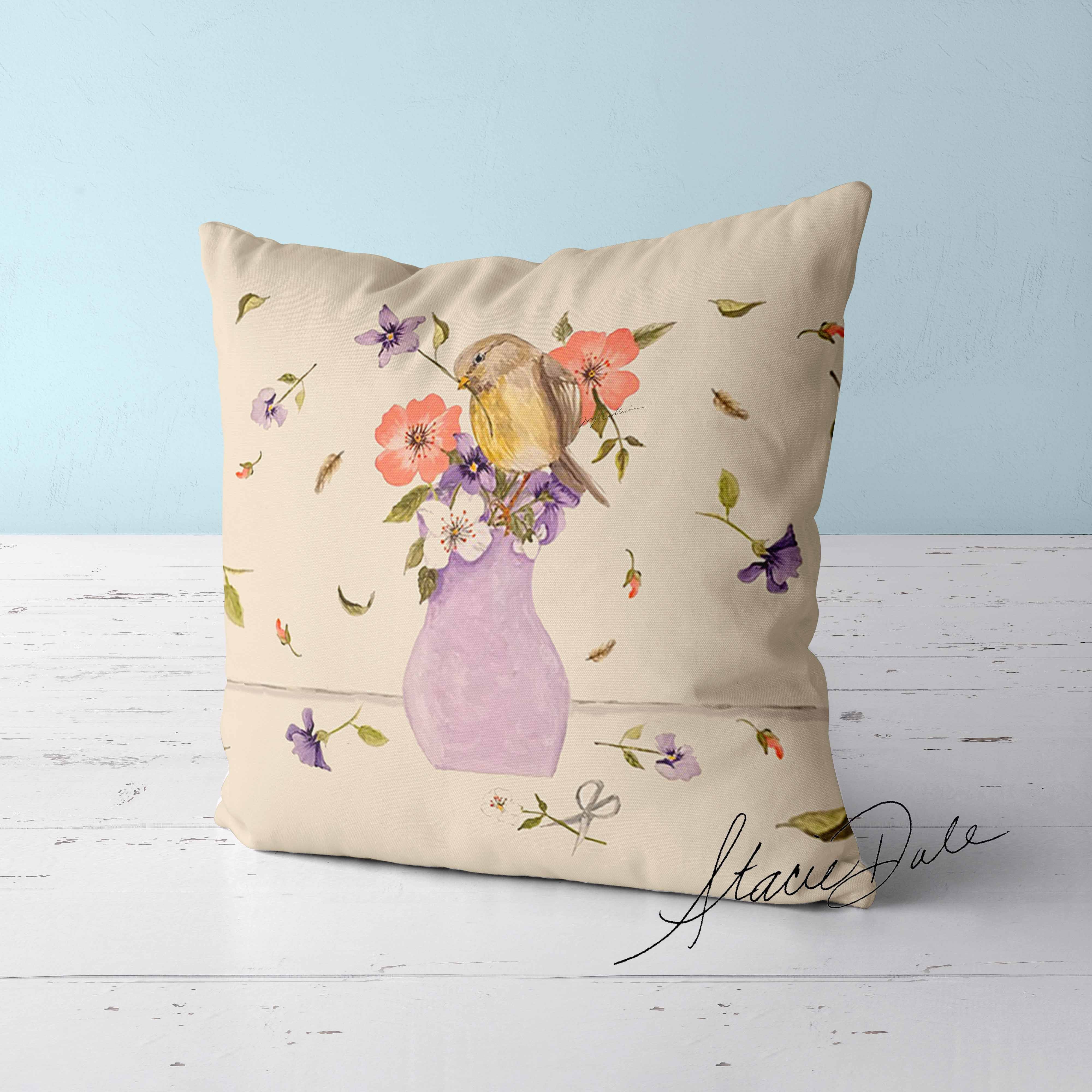 Feblilac Purple Vase Flower and Bird Cushion Covers Throw Pillow Covers by Stacie from USA