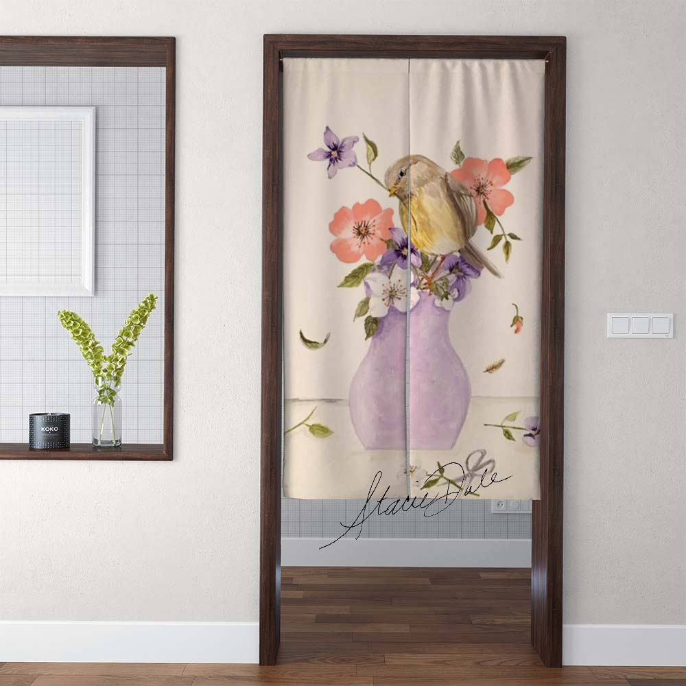 Feblilac Purple Vase Flower and Bird Door Curtain by Stacie from US
