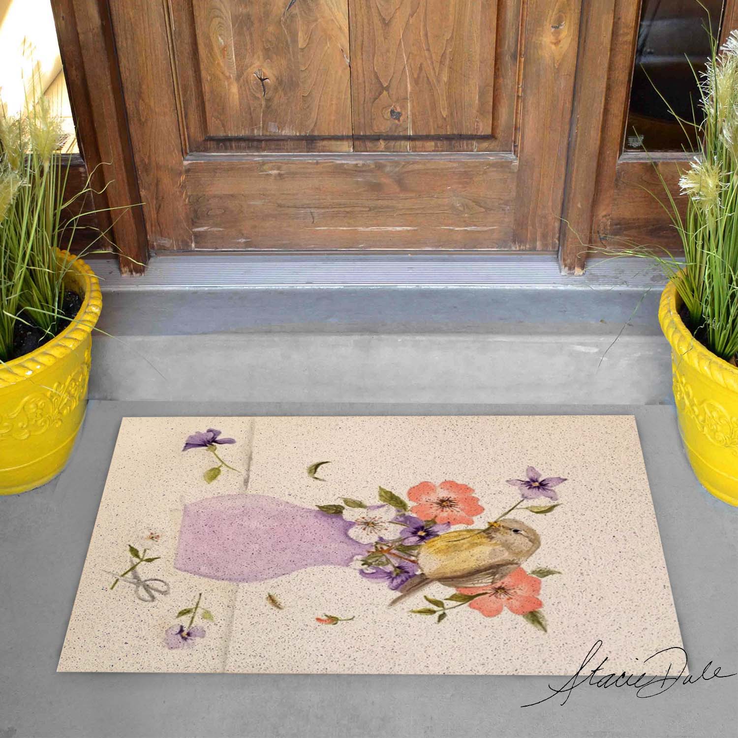 Feblilac Purple Vase Flower and Bird PVC Coil Door Mat by Stacie from US