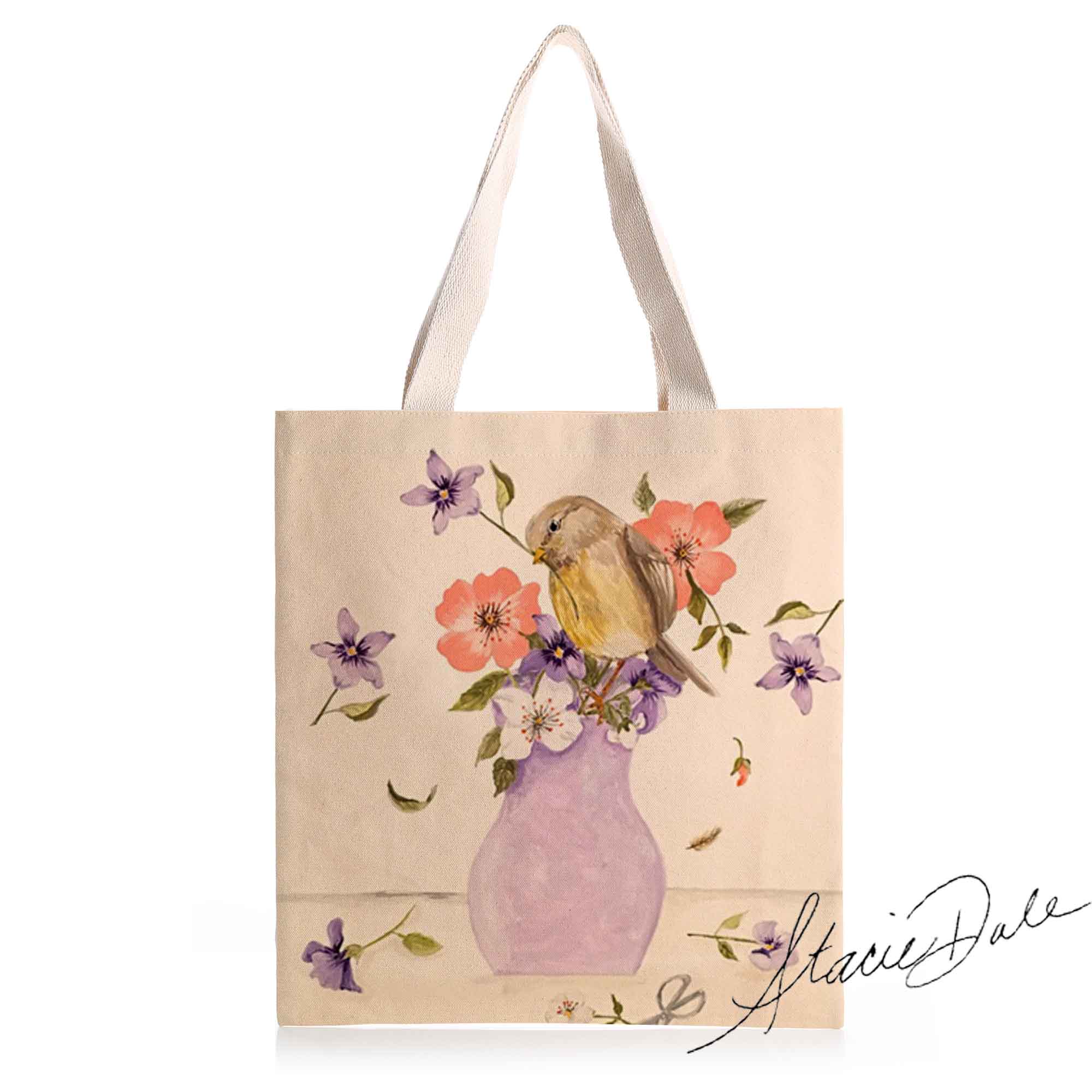 Feblilac Purple Vase Flower and Bird Canvas Tote Bag by Stacie from US
