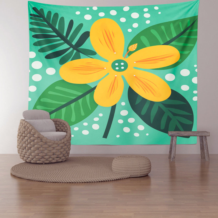 Feblilac Yellow Flower Green Background Tapestry Wall Decor