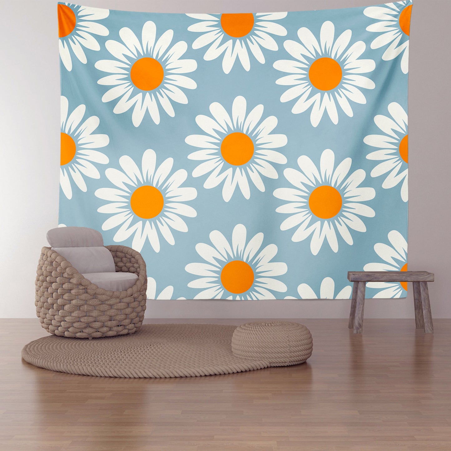 Feblilac White Daisy Pattern Tapestry Wall Decor