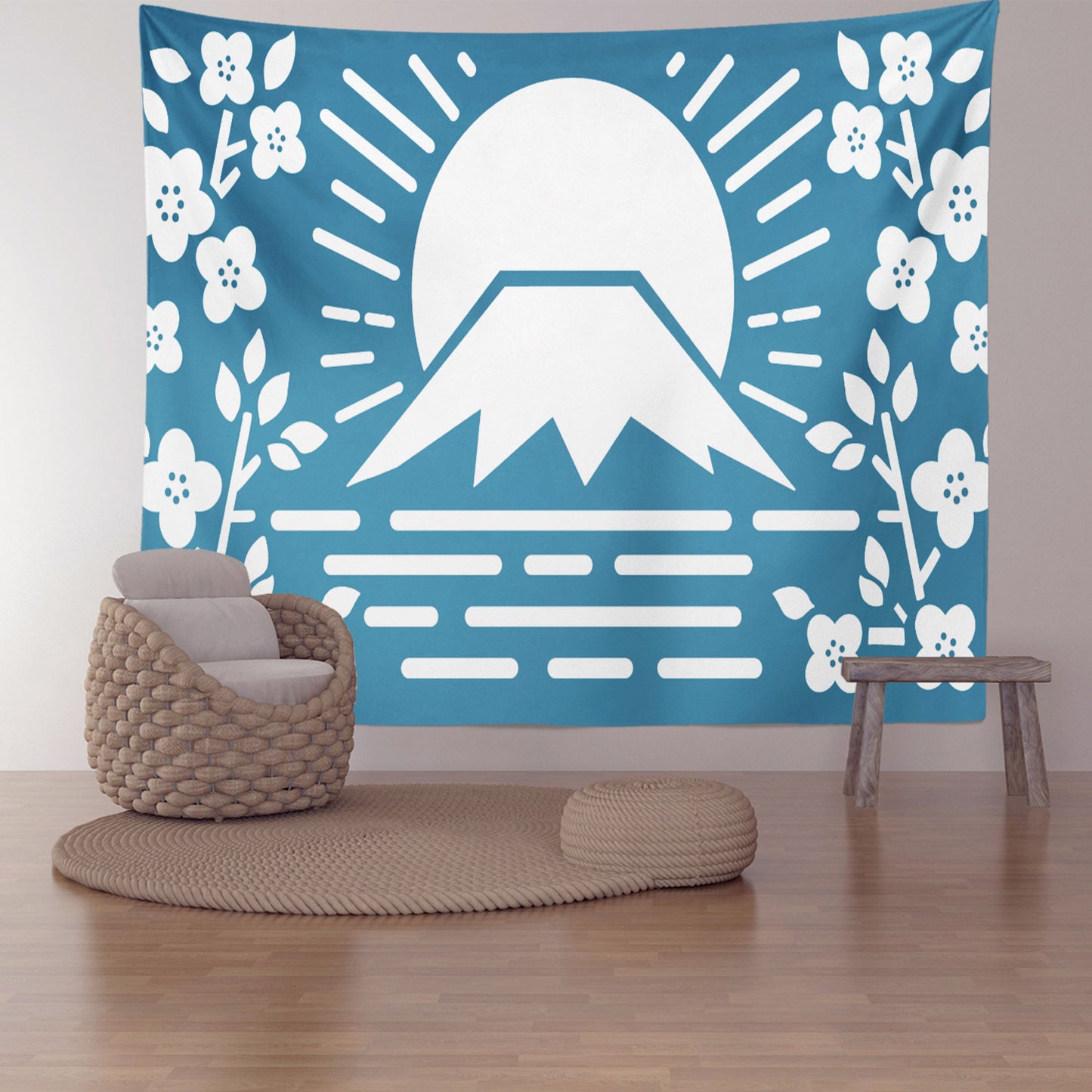 Feblilac Simple Blue Background Mt. Fuji Cherry Blossoms Tapestry Wall Decor