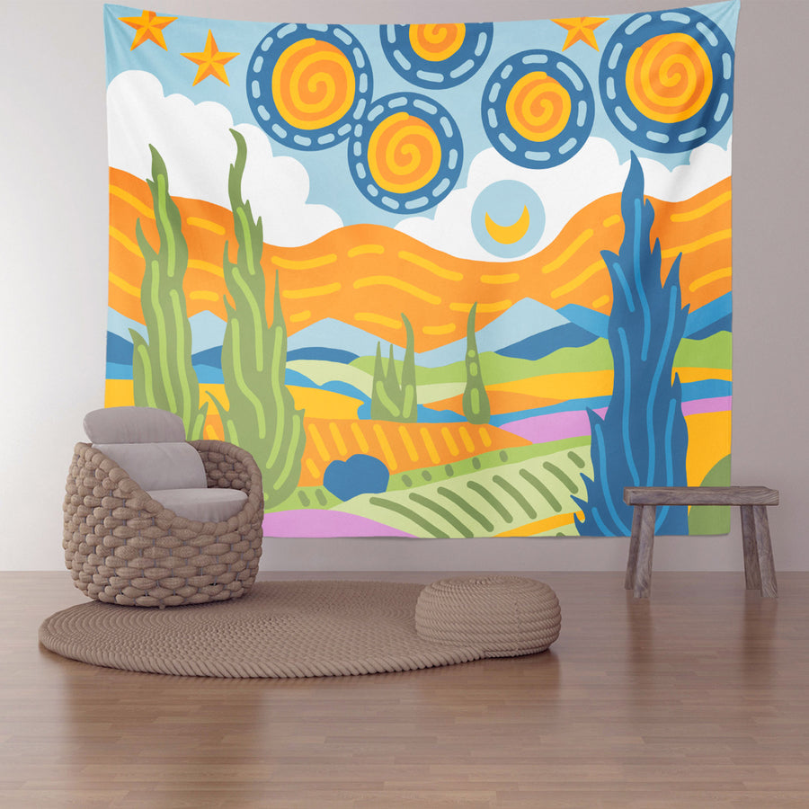 Feblilac Van Gogh Wheat Field Starry Sky Tapestry Wall Decor