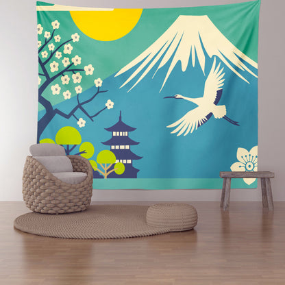 Feblilac Mount Fuji Crane Tapestry Wall Decor