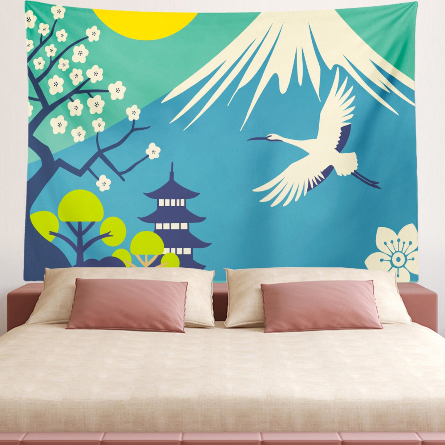 Feblilac Mount Fuji Crane Tapestry Wall Decor