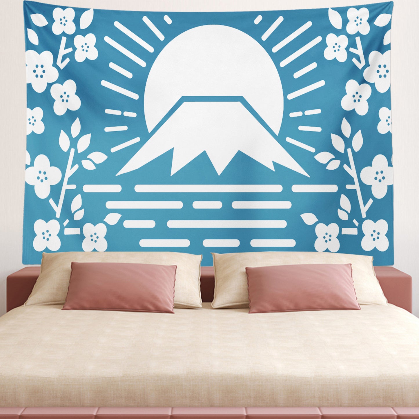 Feblilac Simple Blue Background Mt. Fuji Cherry Blossoms Tapestry Wall Decor