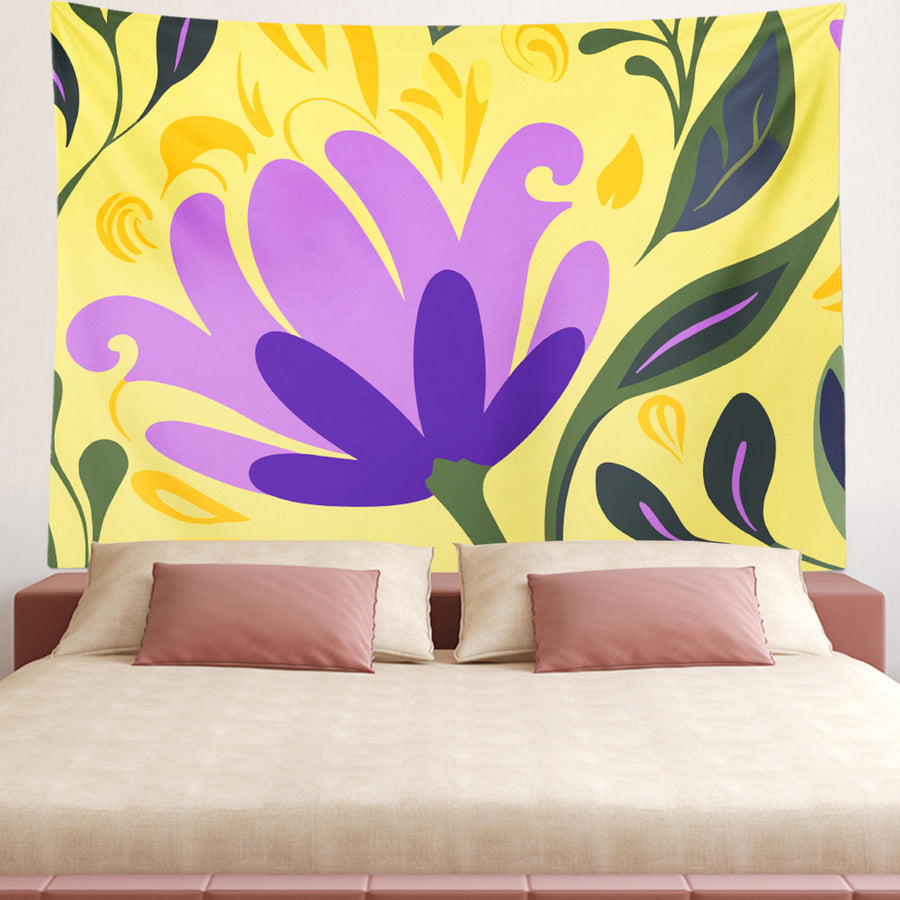 Feblilac Purple Flower Yellow Background Tapestry Wall Decor - view 2