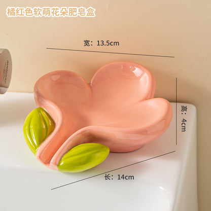 Feblilac Creative Ceramic Soap Box, Flower Toothbrush Holder, Sink Storage Cylinder, Bathroom Soap Box Decorative Ornament