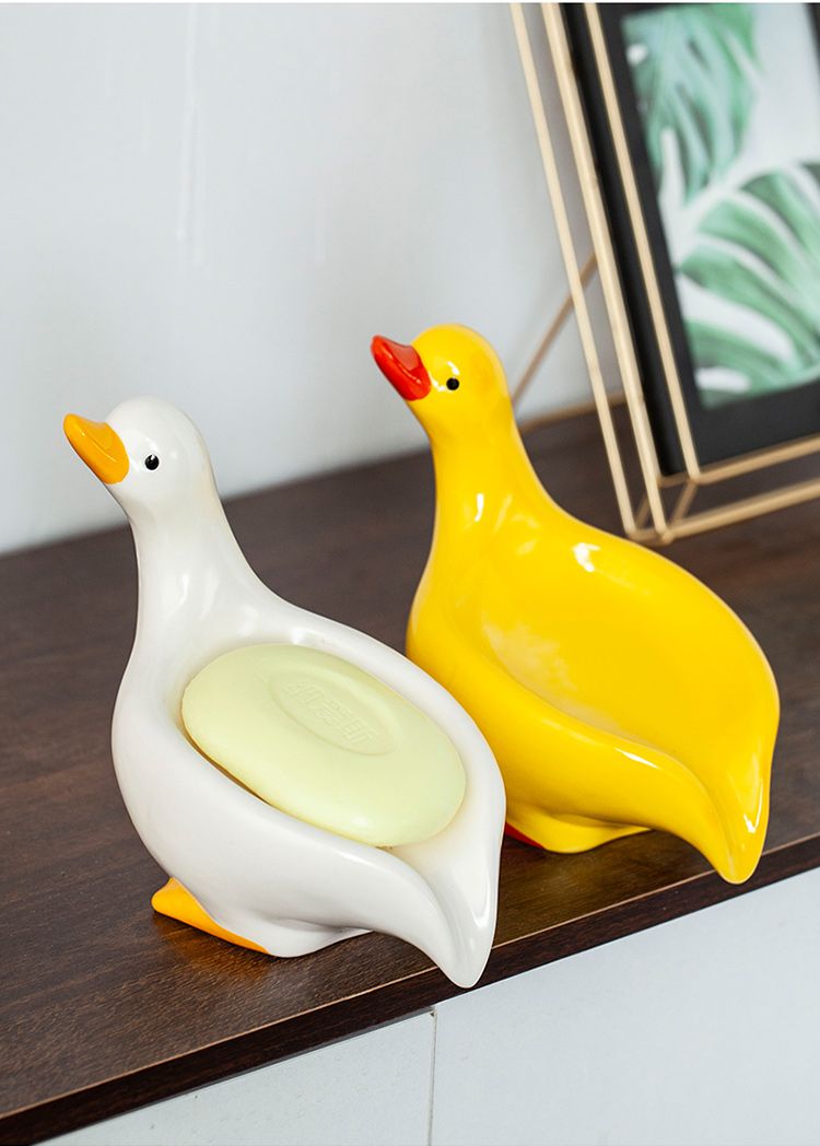 Feblilac Soap Box Ceramic Household Drain Soap Box Mengqu Little Duck Creative Kitchen Bathroom No Punching Soap Dish