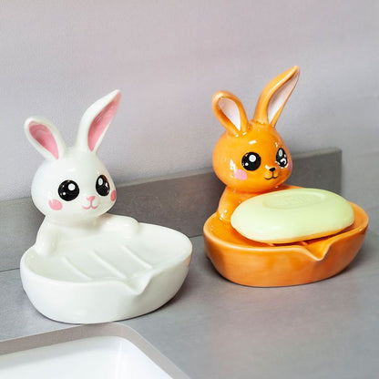 Feblilac Soap Box Ceramic Drain Soap Box Cute Little Rabbit Creative Bathroom