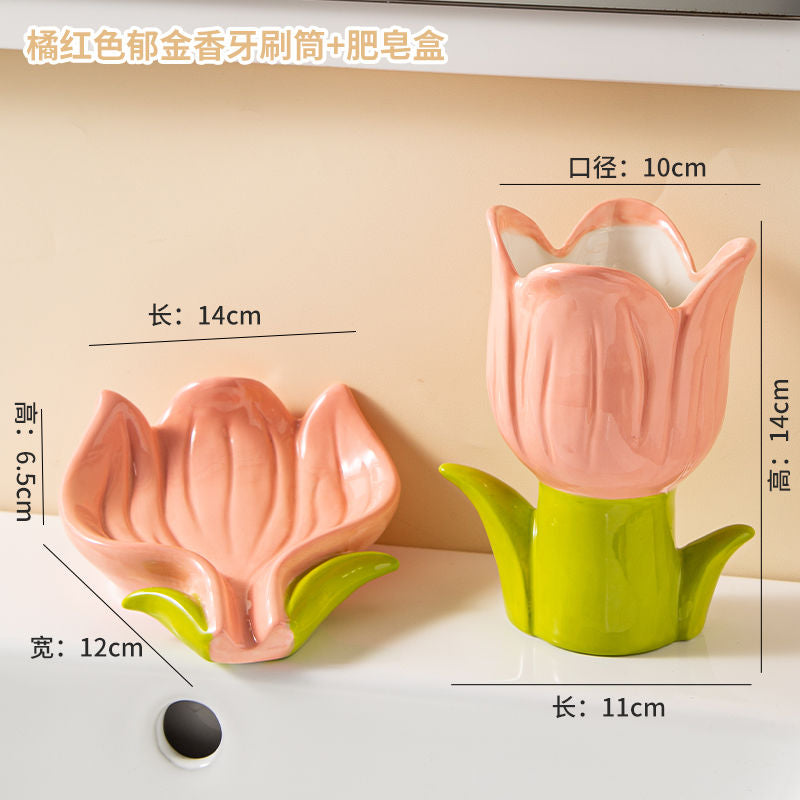 Feblilac Creative Ceramic Soap Box, Flower Toothbrush Holder, Sink Storage Cylinder, Bathroom Soap Box Decorative Ornament